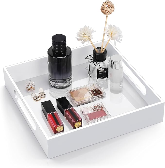 Home Decorative Coffee Table Tray, 10"x10" Elegant Acrylic Serving Trays with Handles Works for Eating, Breakfast, Makeup Drawer Organizer,Bathroom Vanity Table,Ottoman Tray, White