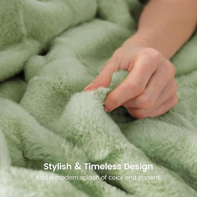 Cozy Bliss Fluffy Faux Fur Blanket King Size for Bed, Fuzzy Soft Striped Plush Blanket, Thick Throw for Bedroom Couch Gift, 108x90 Inches Sage Green