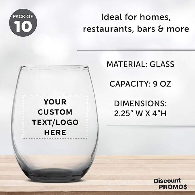 DISCOUNT PROMOS Custom Stemless Wine Glass 9 oz. Set of 10, Personalized Bulk Pack - Great for Wedding Favors, Bachelorette Party Decorations, Party Favors, Color Bottom - Black