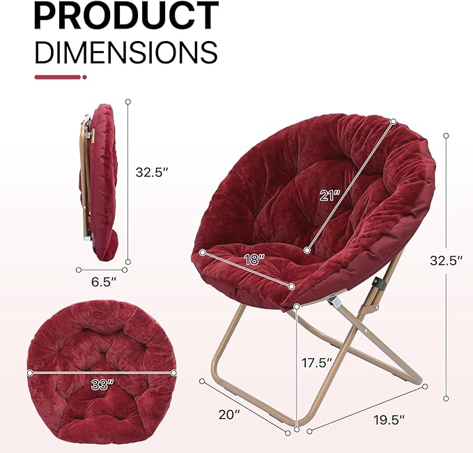 Athena Collection Comfy Saucer Chair Folding Cozy Chair for Bed Room Living Room Accent Chair Faux Fur Reading Chair Foldable Metal Frame Lazy Chair Moon Chair for Adult Set of 2, Red