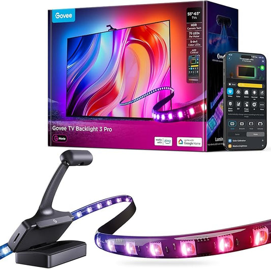Govee TV Backlight 3 Pro with HDR Triple Camera, 11.8ft 5-in-1 RGBWWIC LED Strip Lights That Change with 55-65 Inch TVs, 75LEDs/m, Supports AI Filter, Smart App and Vioce Control, DreamView Sync