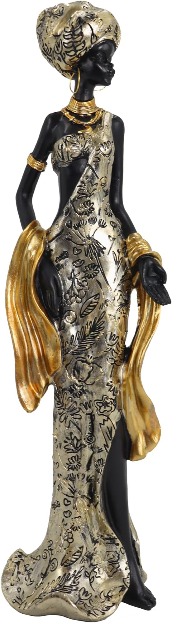 African Woman Resin Figurine – Golden Gown Tribal Sculpture with Headwrap & Jewelry, Elegant Handmade Figurine for Shelf, Mantel, Living Room or Office Decor