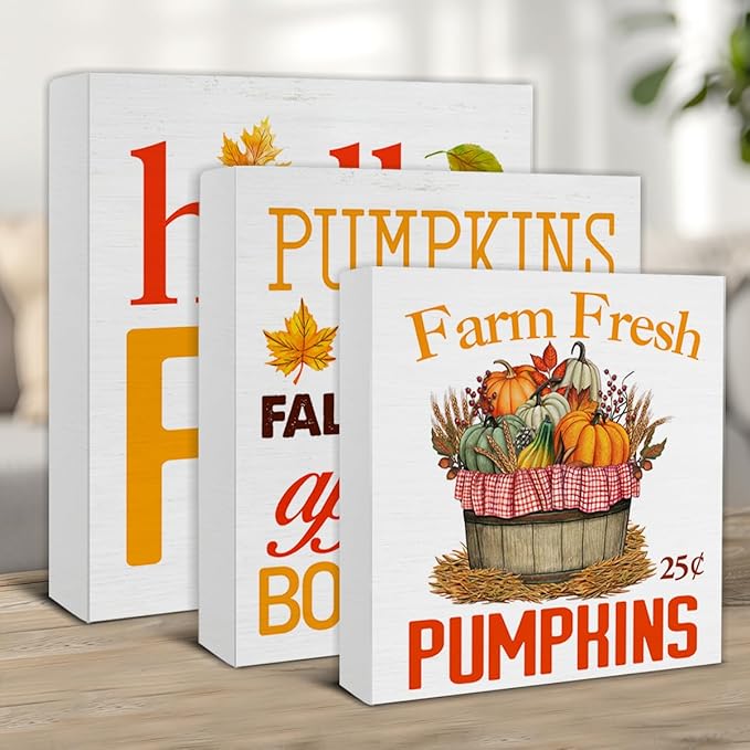3 Pcs Fall Wood Signs Decor Autumn Wood Block Signs Farmhouse Hello Fall Pumpkins Wooden Box Signs Decorations for Home Tiered Tray Desk Table Shelf