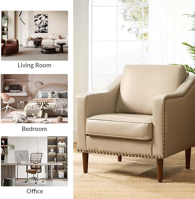HULALA HOME Faux Leather Accent Armchairs Set of 2 with Back & Seat Cushions, Traditional Club Chairs with Nailhead Trim, Comfy Upholstered Sofa Chairs for Living Room Bedroom, Beige