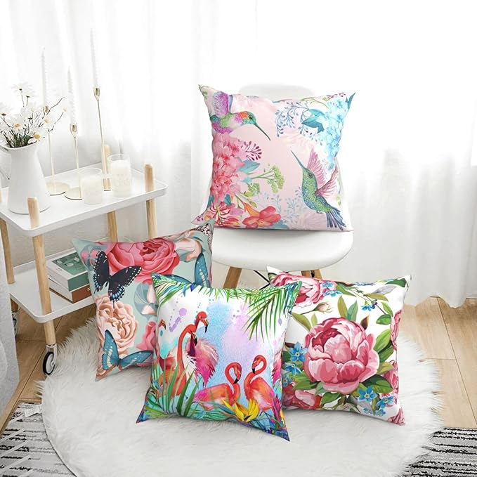 Tropical Flamingos and Pink Flower Throw Pillow Covers Set of 4 18x18 Inches Butterfly Floral Peonies Decorative Pillow Cases Home Decor Colorful Pillowcases