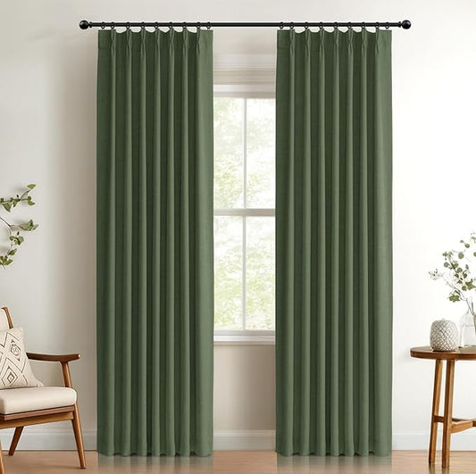 100% Blackout Shield Linen Look Textured Pinch Pleated Curtains Blackout Drapes 108 Inch Long 2 Panels Set, Faux Linen Blackout Curtains for Bedroom & Living Room, 40" W x 108" L, Moss Green