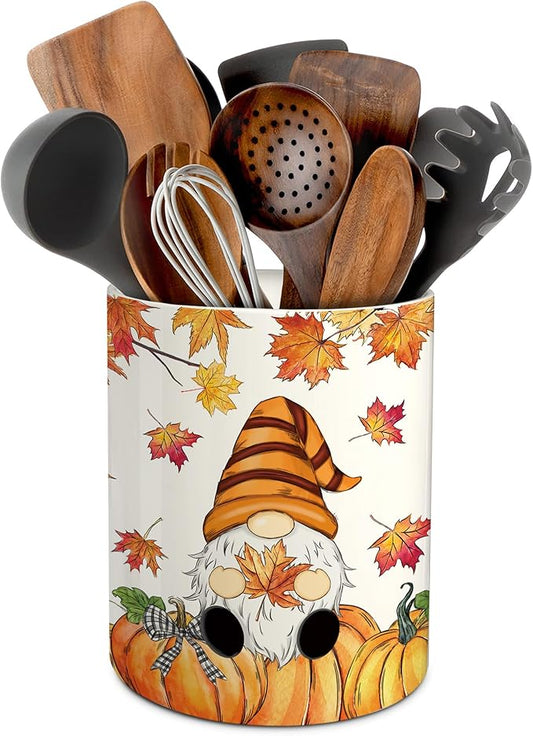 pinata Fall Kitchen Decor Ceramic Utensil Holder, Farmhouse Fall Gnome Pumpkin Utensils Holder, Ceramic Utensils Crock for Rustic Indoor Kitchen Decorations(6.3 Inches)