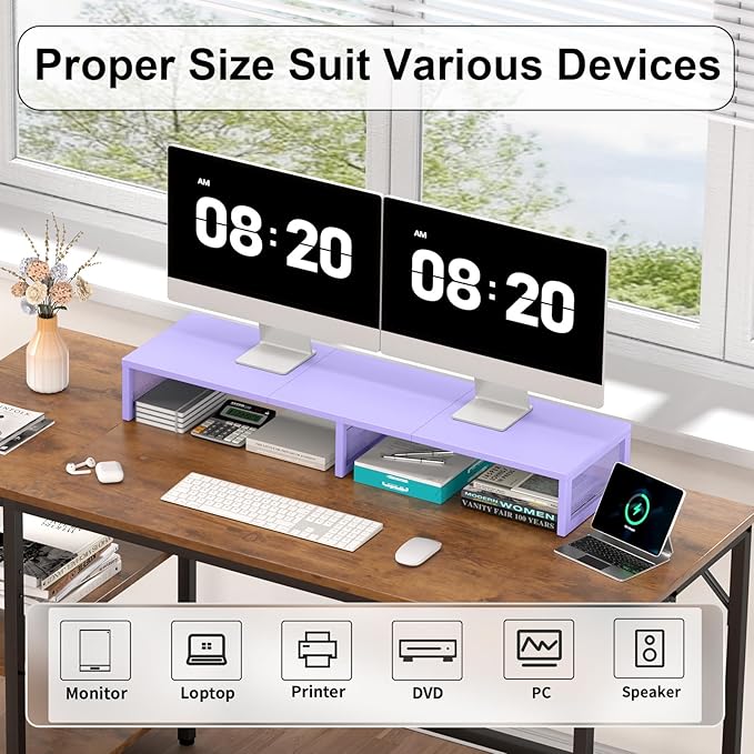 Dual Computer Monitor Stand Riser, Desk Organizers and Accessories, Printer & TV Stand, Desk Shelf, Office Desk Accessories & Desktop Workspace Organizer for Office Supplies, Purple
