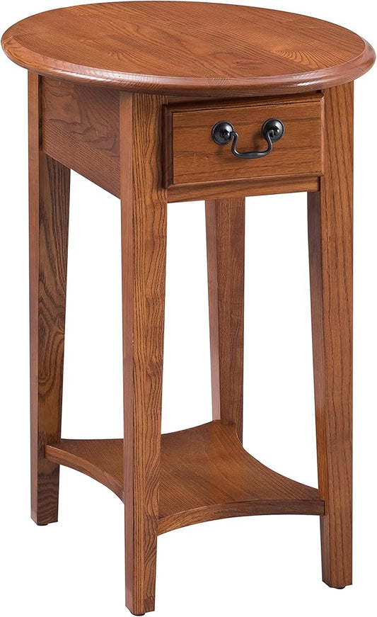 Haven Ridge Solid Wood Oval Side Table with Drawer and Shelf, Medium Oak Brown, Perfect for Living Rooms, Bedrooms, and Small Spaces – Leick Home, 9042-MED
