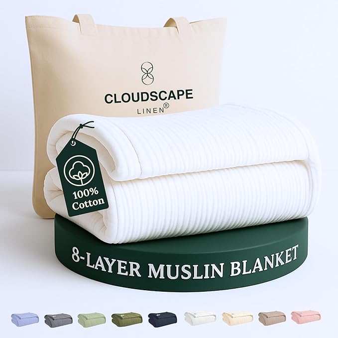 Cloud Scape Linen 100% 8-Layer Cotton Muslin Blanket Queen Size,Lightweight All Season Blanket for Bed, Oversized Cotton Blankets, fits Full Size Bed, 92x92, White