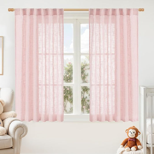 LAMIT Semi Sheer Linen Curtains 45 Inches Long, Light Filtering Panels Back Tab and Rod Pocket Neutral Drapes for Girls Room/Window/Bedroom, Pink, 2 Panels, 52 x 45 Inch