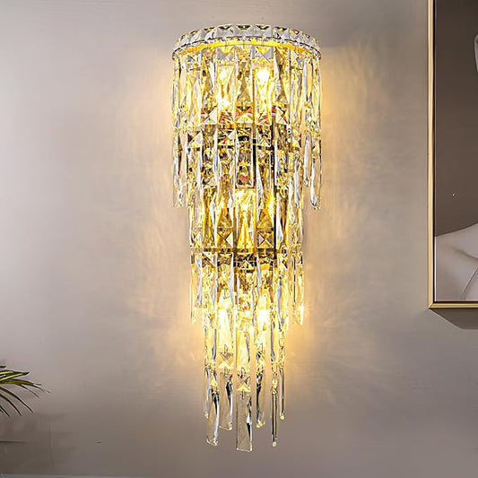 Modern K9 Crystal Wall Sconce, Gold Finish Wall Light Fixture, Acrylic Crystal Drops Wall Lamp Bedside Light 3 Tiers Crystal Wall Lamp for Bedroom Living Room，E12 Base
