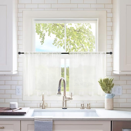 MIULEE 2 Panels Kitchen Tiers Half Window Sheer Curtains Rod Pocket Voile Drapes for Kitchen Bathroom Small Windows 54 by 24 Inch Ivory