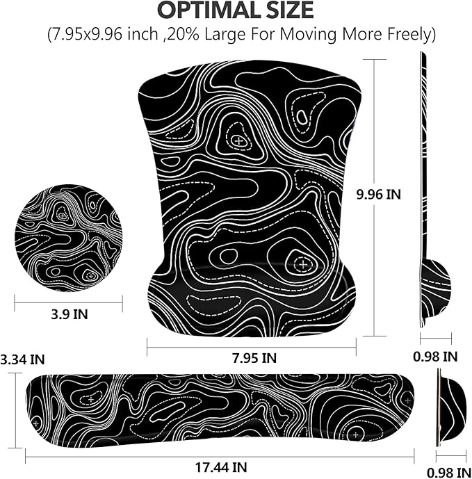 AIMSA Mouse Pad Wrist Support Set Keyboard Wrist Rest, Ergonomic Memory Foam Non-Slip Base Easy Typing Pain Relieve for Computer Laptop Home Office, Black Topographic