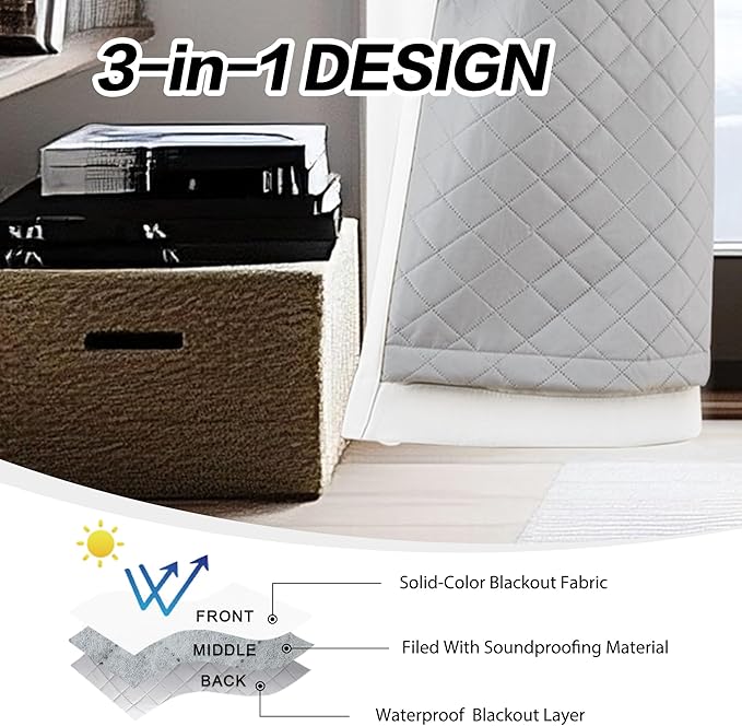 3 Layers Grommet White 100% Blackout Curtains Thermal Insulation Soundproof Curtains for Bedroom Living Room 1 Panel 50x120 Inch