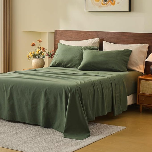 MEISHANG 100% French Pure Linen Sheets Queen Size - 6 PC Extra Deep Pocket Sheet Set, Soft Durable Flax Linen, Anti-Tear Breathable & Oeko-Tex Certified 18-24 Deep Pocket,All Season(Forest Green)
