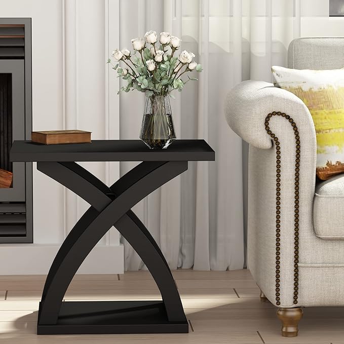 ChooChoo End Side Table, Modern End Table with Storage Shelf, X-Design Side Table Living Room (Black)