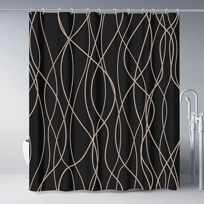 Punkray Black and Brown Striped Wavy Line Polyester Shower Curtain for Bathroom with Hooks, Weighted Hem, Waterproof Bath Accessories Hotel Style, 72 x 72