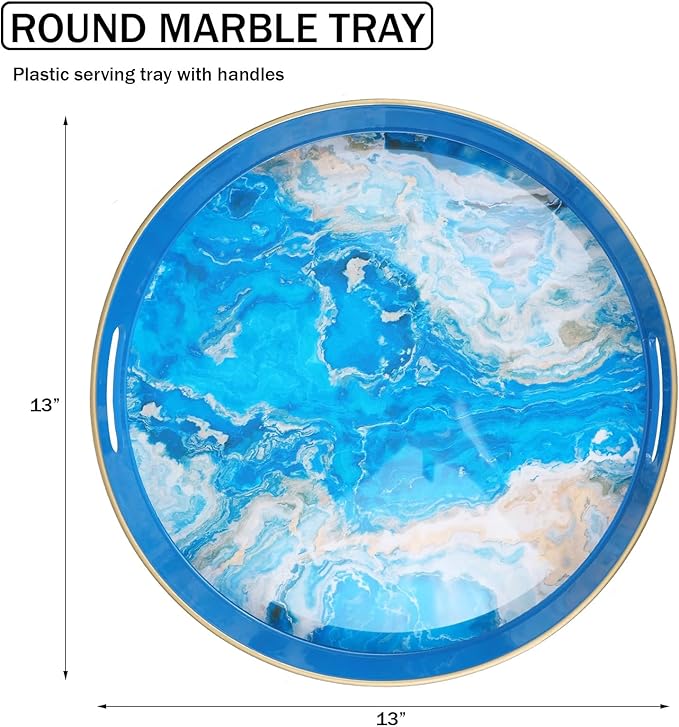 Spsyrine Round Marble Decorative Tray, 13" Plastic Serving Tray with Handles for Breakfast, Ottoman, Coffee Table, Bathroom, Kitchen, Living Room
