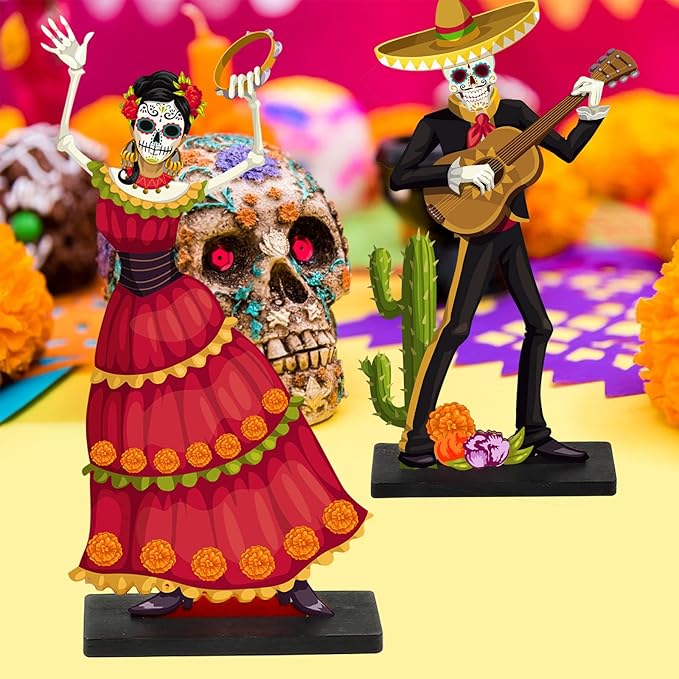 2 PCS Day of the Dead Centerpieces, Wooden Dancing Couple Sugar Skull Signs Decor Day of the Dead Table Decor Mexican Dia De Los Muertos Decor for Table Mexican Festival Halloween Decor