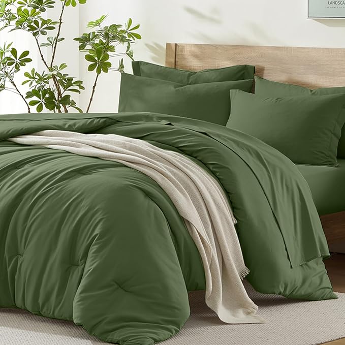 Homelike Moment Queen Comforter Set with Sheets, 7 Piece Olive Green Comforter Set Queen Size, Full Size Bed in a Bag Lightweight and Machine Washable