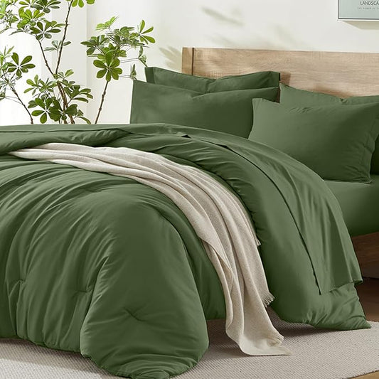 Homelike Moment King Size Comforter Set 7 Piece, Olive Green Bed in a Bag King Size Bed Set Lightweight and Machine Washable