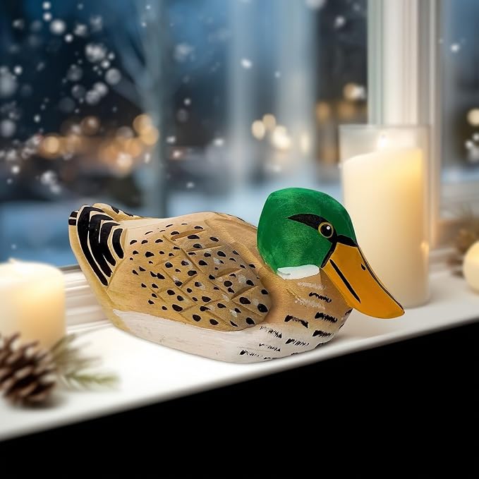 Mallard Duck Decor Wooden Animal Figurines Little Ducks Funny Desk Accessories Small Duck Statues Handmade Carving Decoys Ornament for Home Room Decor