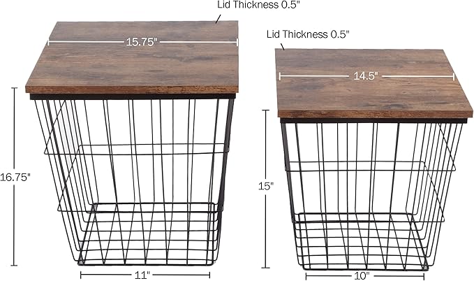End Tables Set of 2 - Nesting Tables with Removable Wood Tops and Metal Basket Bases for Blanket Storage - Square Side Furniture for Living Room, Bedroom, or Home Office by Lavish Home (Brown)