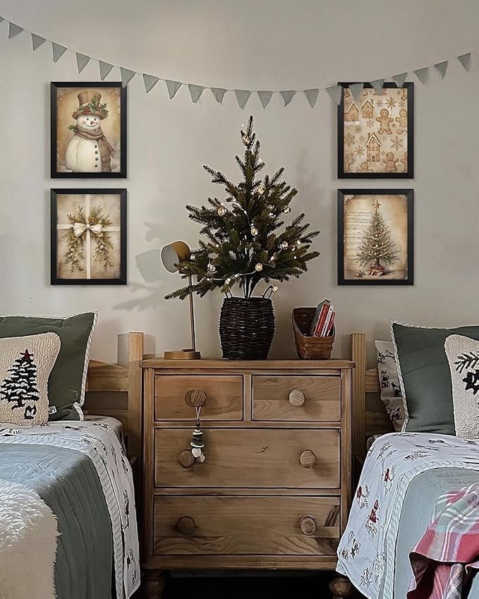 Wheatwin Vintage Christmas Wall Decor, Christmas Tree Snowman Wall Art Prints Set of 4, Boho Wall Decor for Bathroom Home Bedroom Living Room Office, 8x10 (Unframed)