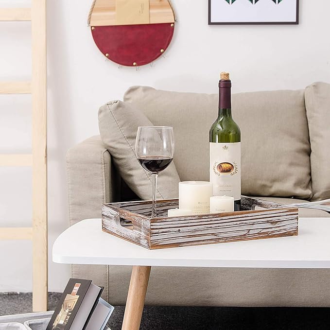 Rustic Whitewashed Wood Food Serving Tray Cutout Carrying Handles Breakfast in Bed Coffee Platter Table Wine Brown Rectangular Nesting Crate Desktop Document Holder Office Home Kitchen