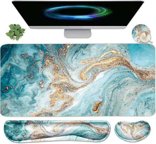 Keyboard Mouse Pad Set, Extended Mouse Pad+Keyboard Wrist Rest Support, Memory Foam Ergonomic Easy Typing, 3Pcs (35.4×15.7 in) Desk Pad Set for Home Office Study Game-Green Marble