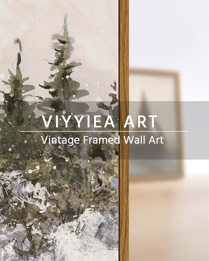 VIYYIEA Framed Canvas Wall Art, Vintage Christmas Decor, Large Winter Forest Watercolor Picture Paintings Gifts, Retro xmas Nature Decorations for Bedroom Living Room Fireplace, 16x24In