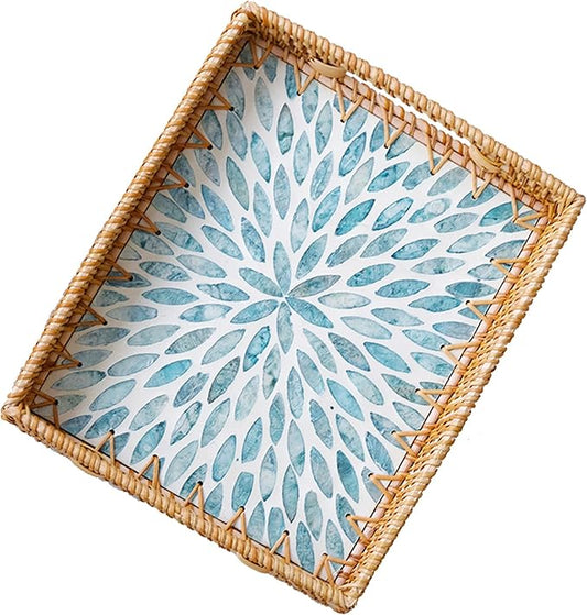 i-lan 14 Inch Rectangular Rattan Woven Tray Basket with Light Blue MOP Wooden Base and Handles, Boho Wicker Coffee Table Serving Tray Décor with 2 Inch Wall, Handmade Display Basket for Dining Room