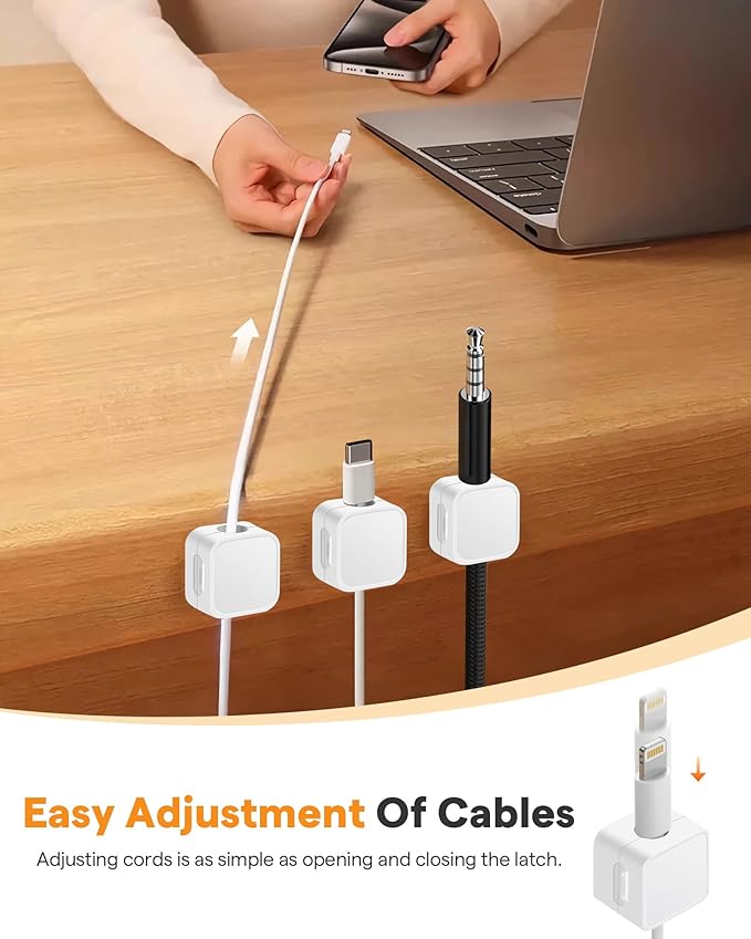 6 Pack Magnetic Cable Clips+2 Sheets (20 Lables) Cute Self-Adhesive Sticker Lables, 11.5mm Ultra Slim Smooth Adjustable Cord Holder, Under Desk Cable Management for Home/Office/Kitchen/Nightstand
