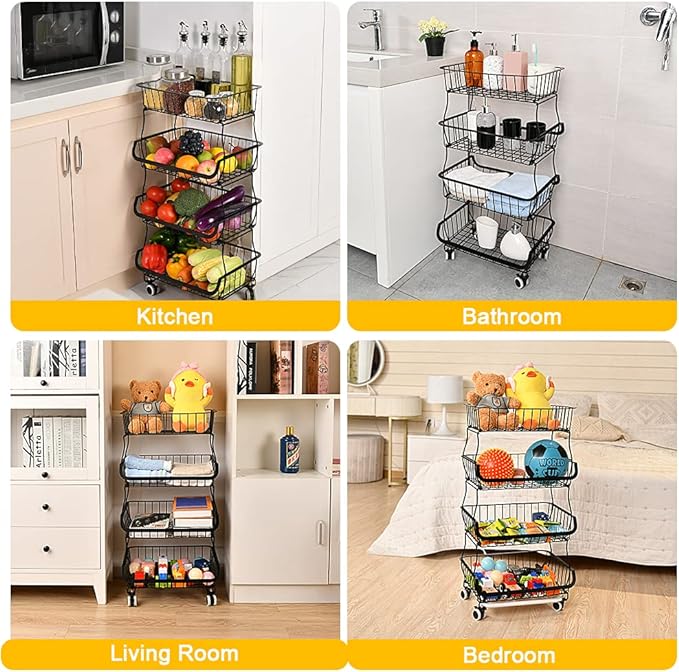 Fruit Vegetable Storage Basket, 4 Tier Stackable Metal Wire Storage Baskets with Wheels, Fruit Vegetable Produce Basket Organizer Bins for Kitchen, Pantry, Bathroom