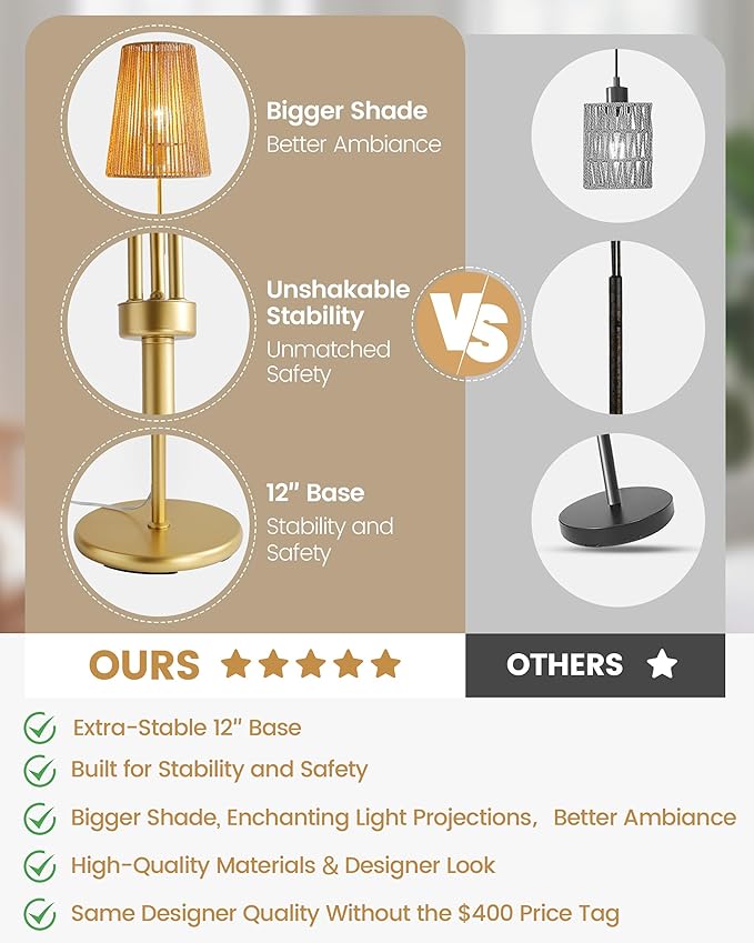 Boho Floor Lamp, 68in. Rattan floor lamp with Natural Woven Shade, Rustic Standing Lamp for Coastal, Beach or Bohemian Style Decor, E26 Socket, On/Off Footswitch Lamp for Living room, Bedroom (Gold)