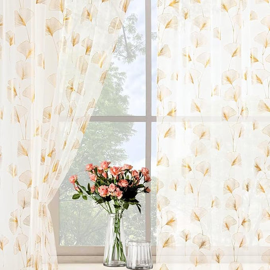 Gold Foil Print Sheer Curtains 63 inches Long, 2 Panels Ginkgo Bronzing Treatment Sheer Curtain, Rod Pocket Window Treatment Panels for Bedroom Living Room