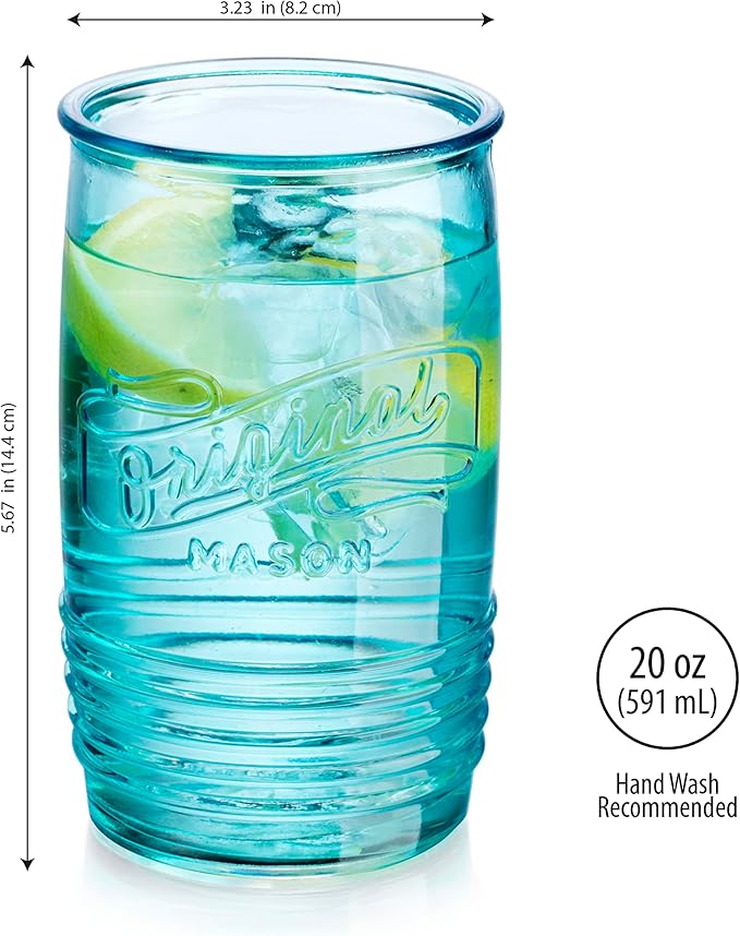 Glaver's Set Of 4 Original Mason Collins Glasses Assorted Colored Drinking Glasses For Juice, Cocktails, Beverage Glass Cups, Hand Wash-In Cold Water (Original Mason Colored 20 OZ)