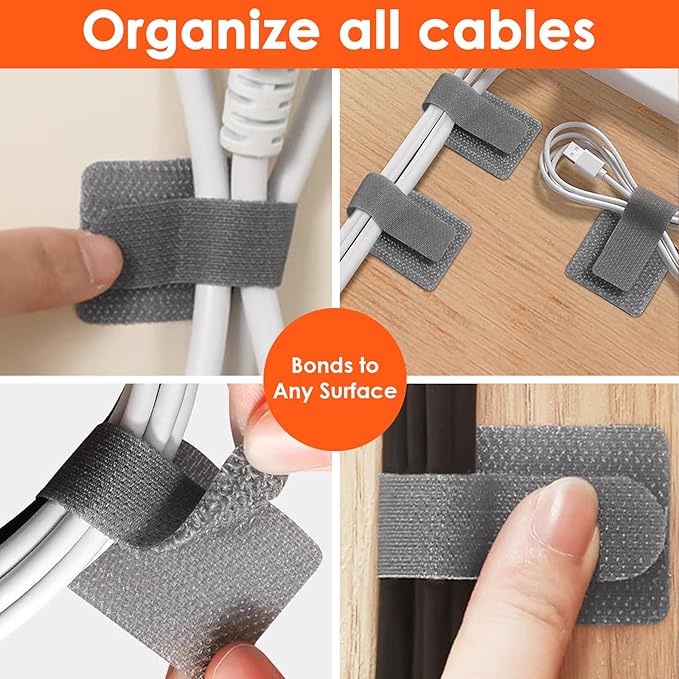 Cable Management Under Desk Cord Organizer, Cable Organizers for Cords, Hook and Loop Cable Ties, Adhesive Wire Straps, Reusable Cord Holder for Electronics & PC, Home & Office Essentials (40)