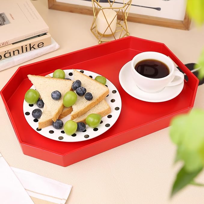 Red Octagonal Serving Tray with Handles for Coffee Table, Plastic Decorative Tray for Ottoman, Kitchen Counter, Living Room, Outdoor Lacquer Tray for Entertaining