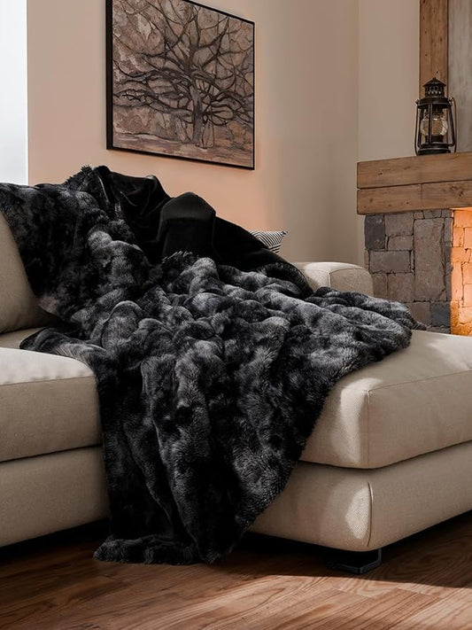 Fluffy Blanket Throw Size - Faux Fur Throw for Couch or Bed - Plush Soft Extra Thick Faux Fur Rabbit Blanket - Comfy, Fuzzy, Warm & Breathable - Luxury Minky Tie Dye Bedding - 50" x 60", Marble Black