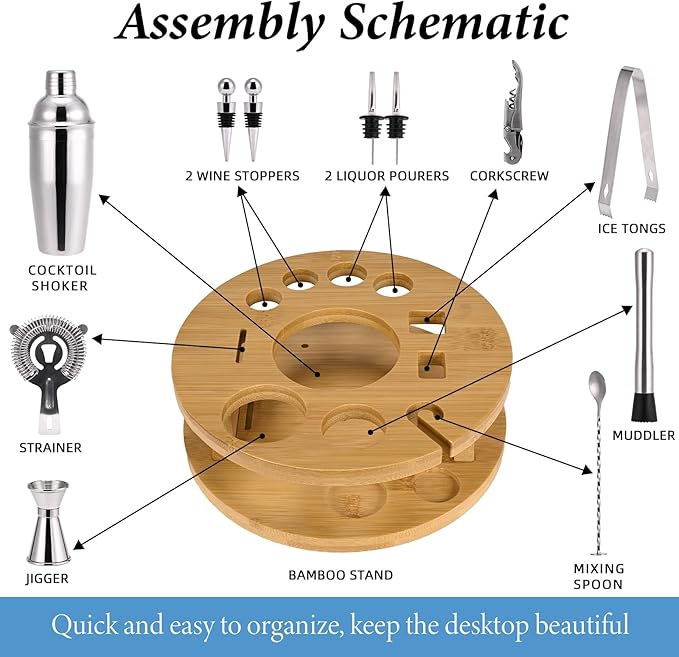 Cocktail Shaker Set 12-Piece, 25 OZ Food Grade Stainless Steel Cocktail Shaker Mixology Bartender Kit with Rotating Stand, Bar Set Essential for Beginners and Professionals at Home or Parties