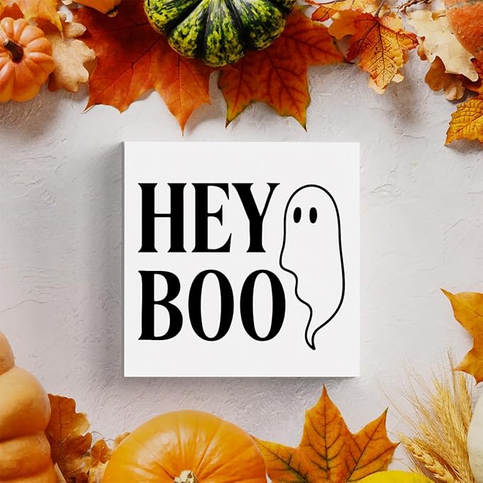 HTBIG Cute Ghost Halloween Hey Boo Wooden Box Sign Office Decor Room Decor, Suitable family room Computer Desk Dressing Table 5 x 5 Inch