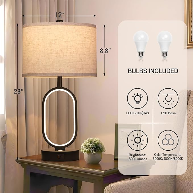 Farmhouse Table Lamps Set of 2, Built-in Dimmable Night Light Bedside Lamps, Table Lamps for Night Stands with USB Charging Ports, Bedroom Lamps for Nightstand, LED Bulbs Included