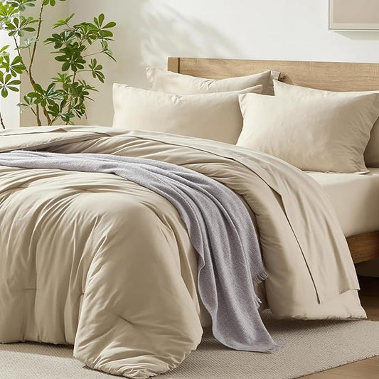 Homelike Moment King Size Comforter Set 7 Piece, Beige Bed in a Bag King Size Bed Set Lightweight and Machine Washable