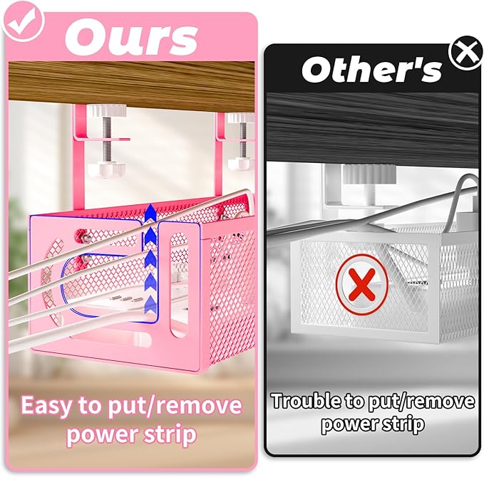 Under Desk Cable Management Tray, 15.7'' No Drill Steel Desk Cable Organizers, Wire Management Tray Cable Management Rack (2 Pack-Pink)