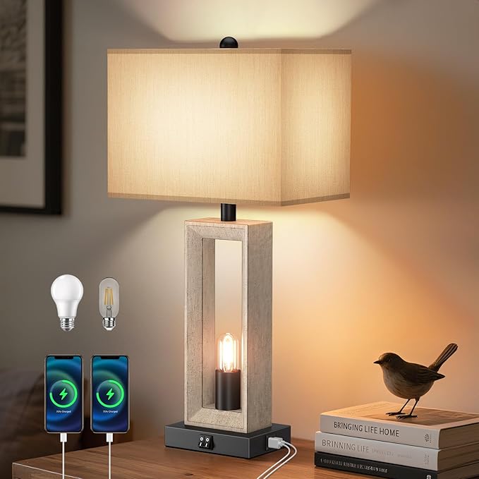 Table Lamps for Living Room,Modern Farmhouse Decor Lamps with USB A+C Port & Nightlight,25" Rustic 3-Way Dimmable Bedside Lamps,Oat Shade Touch Nightstand Lamp for Bedroom,2 LED Bulbs