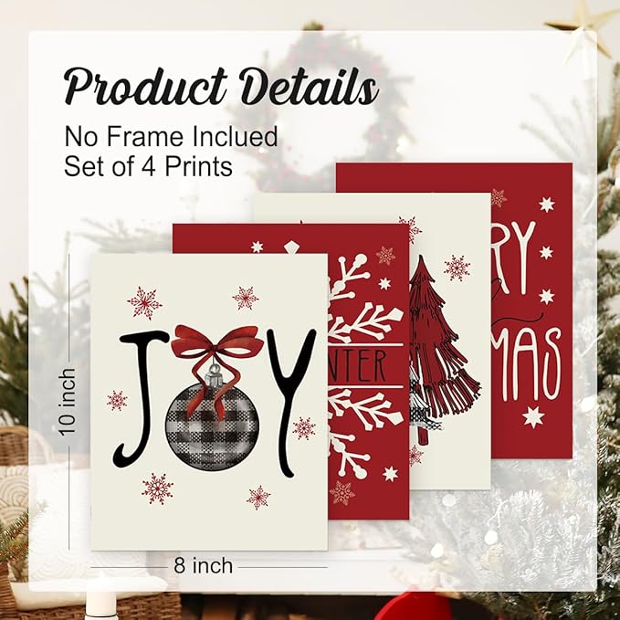 Wheatwin Christmas Wall Decor, Merry Christmas Wall Art Prints Set of 4, Christmas Trees Winter Decor for Farmhouse Living Room Bedroom Office, 8x10 (Unframed)