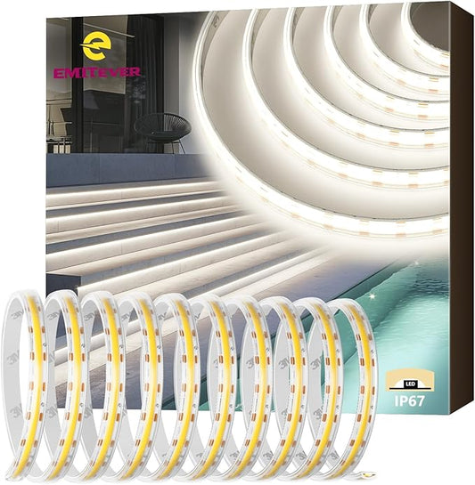 EMITEVER COB LED Strip Lights Waterproof IP67, 4000K Neutral White Outdoor 24V Dimmable Silicone Tape Lighting 16.4ft High Density, 300+LM/ft, 2400LEDs,3W/ft, UL Listed (Power Supply Not Included)