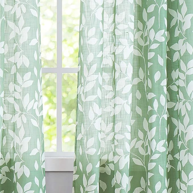 White Print Curtains for Living Room 63" Length Green Semi-Sheers Leaves Print Curtains for Windows, Grommet Top, 2 Pack